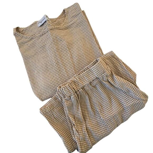 Organic Rags Womens Two Piece Set Tan and White Check Casual Top and Capri Mediu - Picture 5 of 11